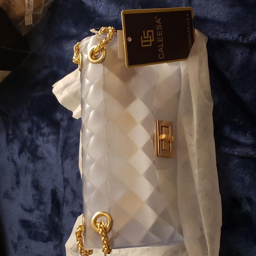 Clear purse with gold tone chain strap